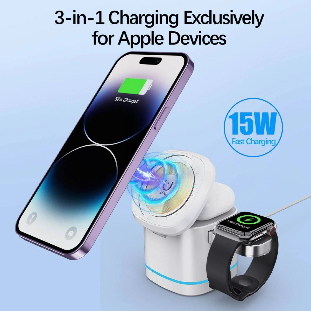 3 in 1 Magnetic Wireless Charger - Fast Charge 15W